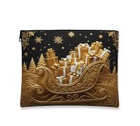 Trousse de maquillage en forme de traîneau de Noël, cadeau doré, pochette de maquillage festive pour femme, organiseur portable en toile avec fermeture éclair, noir, 7x9 Inch, Traîneau