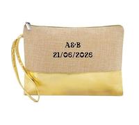 Trousse de Maquillage en Jute Dore avec Motif initiales et Date Anniversaire et Mariage personnalisee
