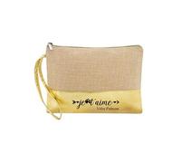 Trousse de maquillage en jute dore avec motif je t'aime personnalisee