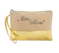 Trousse de Maquillage en Jute Dore avec Motif Maman Merveilleuse et Coeur personnalisee