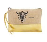 Trousse de Maquillage en Jute Dore avec Motif Skull Bull Plumes personnalisee