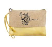 Trousse de Maquillage en Jute Dore avec Motif Tete de Mort et Fleur personnalisee