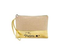 Trousse de maquillage en jute dore personnalisable motif prenom chat et papillon
