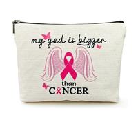 Trousse de maquillage en lin imperméable avec imprimé double face et survivante du cancer du sein pour femme, beige, My God is Bigger Than Cancer