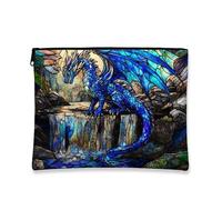 Trousse de maquillage en toile avec motif dragon en vitrail, pochette à fermeture éclair pour femme, petite trousse de toilette de voyage portable, bleu, 7x9 Inch, Dragon