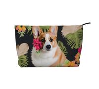 Trousse de maquillage en velours côtelé avec fermeture éclair élégante et durable Motif fleurs tropicales et corgi, Noir , Taille unique