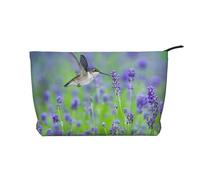 Trousse de maquillage en velours côtelé avec fermeture éclair - Motif oiseaux violets et fleurs de lavande - Pour femme, Noir , Taille unique, Trousse de maquillage