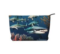 Trousse de maquillage en velours côtelé avec fermeture éclair pour voyage, camping et utilisation quotidienne Motif requins sous la mer