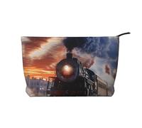 Trousse de maquillage en velours côtelé avec impression train à vapeur Depart - Motif coucher de soleil - Petite trousse de toilette - Multifonctionnelle - Cadeau pour femme
