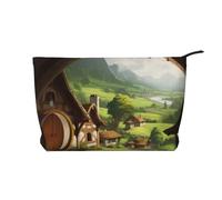Trousse de maquillage en velours côtelé avec imprimé marbre noir pour femmes et filles, organiseur de voyage spacieux pour maquillage, articles de toilette et essentiels, Magnifique village., Taille