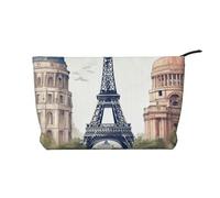 Trousse de maquillage en velours côtelé avec motif de monuments de Paris - Grande pochette à ouverture large, Noir , Taille unique