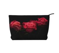 Trousse de maquillage en velours côtelé doux avec fermeture éclair pour femme - Organiseur de toilette de voyage pour un usage quotidien (manoir hanté), Rose rouge et feuilles noires., Taille unique