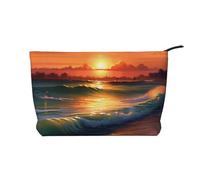 Trousse de maquillage en velours côtelé doux avec fermeture éclair pour femme - Organiseur de toilette de voyage pour un usage quotidien (tranche de pamplemousse rose mûre), Sunset Seaside, Taille