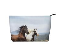 Trousse de maquillage en velours côtelé doux avec fermeture éclair pour femme - Organiseur de toilette de voyage pour un usage quotidien (rose rouge), Chevaux au galop, Taille unique