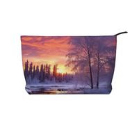 Trousse de maquillage en velours côtelé doux avec fermeture éclair pour femme - Organiseur de toilette de voyage pour un usage quotidien (crayons colorés), Paysage hivernal., Taille unique