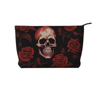 Trousse de maquillage en velours côtelé doux avec fermeture éclair pour femme - Organiseur de toilette de voyage pour un usage quotidien (Saint-Valentin, couple de cygnes et cœur), Tête de mort rose