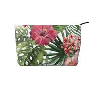 Trousse de maquillage en velours côtelé doux avec fermeture éclair pour femme pour un usage quotidien (motif flamant rose), Feuilles tropicales., Taille unique