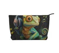 Trousse de maquillage en velours côtelé imprimé chimie pour femmes et filles, organiseur de voyage spacieux pour maquillage, articles de toilette et essentiels, Chameleon Écouter de la musique