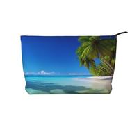 Trousse de maquillage en velours côtelé imprimé palmiers et mer transparente pour voyage et usage quotidien, pochette élégante pour femme, Noir , Taille unique, Trousse de maquillage