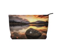 Trousse de maquillage en velours côtelé imprimé soleil, papillons, fleurs, pour voyage et usage quotidien, pochette élégante pour femme, Rock and Lake Under Sunset, Taille unique, Trousse de