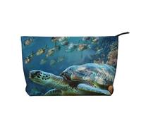 Trousse de maquillage en velours côtelé imprimé tortue de mer avec poissons pour voyage et usage quotidien, pochette élégante pour femme, Noir , Taille unique, Trousse de maquillage