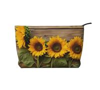 Trousse de maquillage en velours côtelé jaune avec imprimé poule pour femmes et filles, organiseur de voyage spacieux pour maquillage, articles de toilette et essentiels, Trois tournesols sur bois