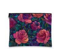 Trousse de maquillage en vitrail, motif floral coloré rose avec fermeture éclair, pochette portable en toile pour femme, cadeau de printemps et de Saint-Valentin, coloré, 7x9 Inch, Rose