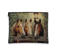 Trousse de maquillage équestre, portrait de cheval, pochette de voyage pour femme, organiseur portable en toile avec fermeture éclair, cadeau de ferme, trousse de toilette, marron, 7x9 Inch, Chevaux