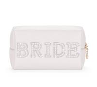 Trousse de maquillage Etercycle Bride to Be - Cadeau de mariée - En polyuréthane étanche - Avec lettre et strass - Pour enterrement de vie de jeune fille, mariage, fête prénuptiale, argenté, Bride
