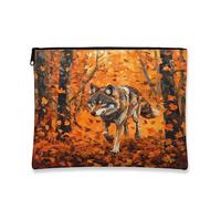 Trousse de maquillage Fall Wild Wolf - Scène de feuille de forêt d'automne - Pochette de voyage pour femmes, filles, animal portable en toile avec fermeture éclair - 17,8 x 22,9 cm
