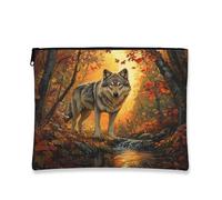 Trousse de maquillage Fall Wild Wolf - Scène de feuille de forêt d'automne pour femmes et filles - Petite trousse de toilette portable en toile avec fermeture éclair - 17,8 x 22,9 cm