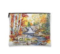 Trousse de maquillage Fall Wolf - Automne - Cascade - Pour femme - Petite pochette portable en toile avec fermeture éclair - 17,8 x 22,9 cm