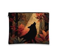 Trousse de maquillage Fall Wolf de 17,8 x 22,9 cm pour sac à main de voyage, motif silhouette de feuille d'érable d'automne, pochette cosmétique pour femme, paysage animal, organiseur portable en