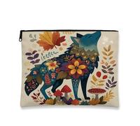 Trousse de maquillage Fall Wolf de 17,8 x 22,9 cm pour voyage, esthétique, rétro, imprimé feuille d'érable d'automne pour femme, paysage animal, organiseur portable en toile avec fermeture éclair
