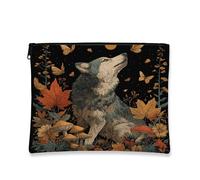 Trousse de maquillage Fall Wolf de 17,8 x 22,9 cm pour voyage, esthétique, vintage, feuille d'érable, trousse de toilette pour femme, paysage animal, organiseur portable en toile avec fermeture éclair