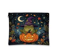 Trousse de maquillage fantaisie amphibien sorcière citrouilles thème | Chapeau de sorcière, pochette de maquillage zippée, Jack-o'-lantern, forêt nocturne, feuilles d'automne, esthétique magique