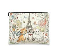 Trousse de maquillage fantaisie en forme de chat, pochette de voyage vintage parisienne pour femme, organiseur portable à fermeture éclair, trousse de toilette pour soins de la peau, Crème, 7x9 Inch
