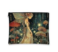 Trousse de maquillage fantaisie, motif champignon de fée éthérée pour femme, petite pochette portable en toile à fermeture éclair, cadeau forêt enchantée, trousse de toilette organisateur, vert, 7x9