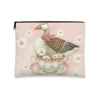 Trousse de maquillage fantaisie, oie dans une tasse de thé, pochette de voyage vintage pour femme, petite trousse de toilette portable en toile à fermeture éclair, trousse de toilette printanière