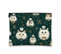 Trousse de maquillage fantaisie, visages de chat, pochette de voyage vintage pour femme, petite pochette portable en toile à fermeture éclair, trousse de toilette pour les vacances, vert, 7x9 Inch
