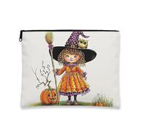 Trousse de maquillage fantaisiste en forme de citrouille, jolie sorcière d'Halloween, pochette de voyage pour filles, petite pochette portable en toile à fermeture éclair, trousse de toilette cadeau