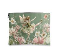Trousse de maquillage féerique, pochette de voyage vintage florale enchantée pour femme, petite trousse de toilette portable en toile avec fermeture éclair, cadeau de printemps, vert, 7x9 Inch, Fée