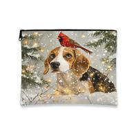 Trousse de maquillage festive d'hiver, motif chien beagle et cardinal, pochette de maquillage de voyage pour femme, organiseur portable en toile avec fermeture éclair, 17,8 x 22,9 cm