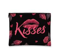 Trousse de maquillage Floral Kisses, pochette de voyage vintage rose pour femme, organiseur portable en toile avec fermeture éclair, trousse de toilette pour la Saint-Valentin, noir, 7x9 Inch, Bisous