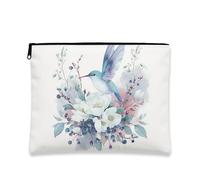 Trousse de maquillage florale aquarelle avec imprimé colibri et fleur, pochette de voyage portable pour femme, élégante toile avec fermeture éclair, choix parfait pour le printemps et l'été, blanc