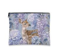 Trousse de maquillage florale bleue, trousse de toilette à fermeture éclair pour femme, petite trousse de toilette portable en toile, motif cerf, fleur de cerf, trousse de toilette pour la fête des