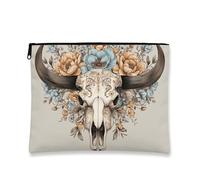 Trousse de maquillage florale bohème, vintage crâne et fleurs, pochette de voyage pour femme, petite fermeture éclair, sac de toilette, style bohème, saison d'automne, Beige, 7x9 Inch, Crâne et fleurs