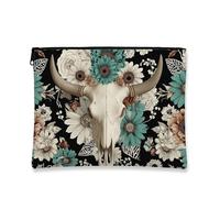 Trousse de maquillage florale de style occidental, crâne de vache et fleur, trousse de voyage pour femme, petite trousse portable en toile avec fermeture éclair, parfaite pour les festivals et une