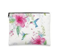 Trousse de maquillage florale, pochette de voyage à imprimé aquarelle colibri et hibiscus pour femme, petite pochette portable à fermeture éclair, trousse de toilette élégante pour l'été et les