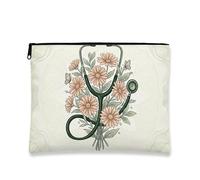 Trousse de maquillage florale vintage avec stéthoscope vert - Pochette de voyage pour femme - Portable en toile avec fermeture éclair - Trousse de toilette pour soins de la peau, Vert, 7x9 Inch, Motif